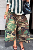 Camouflage Wide-Leg Cropped Pants Loose High Waisted Casual Trousers