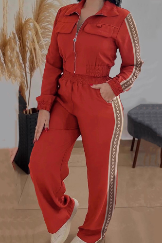 Casual Solid Color Webbing Zipper Collar Long Sleeve Two Pieces