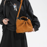 Velvet Hoop Bucket Bag Drawstring Crossbody Handbag
