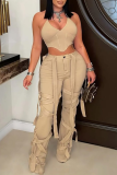 Y2K Strappy Decor Flare Pants Slim Fitted Leg-Casual Trousers