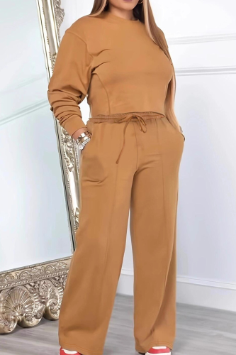 Casual Solid Color Pocket O Neck Long Sleeve Two Pieces
