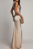 Elegant Halter Sequin Panel Maxi Dress Slit Slim Evening Party Dress