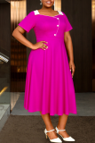 Elegant Solid Color Buckle Turndown Collar Long Plus Size Dresses