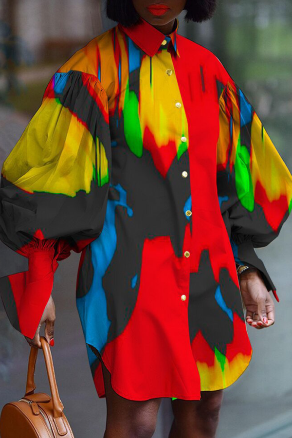 Abstract Print Shirt Dress Oversized Puff Sleeve Loose Casual Mini Dress