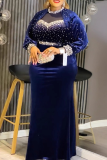 Beaded Mesh Puff Sleeve Dress Velvet Slim Mermaid Evening Maxi Dress