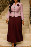 Vintage Plaid Round Neck Dress With Belt Brooch Waist Pleated Maxi Dress