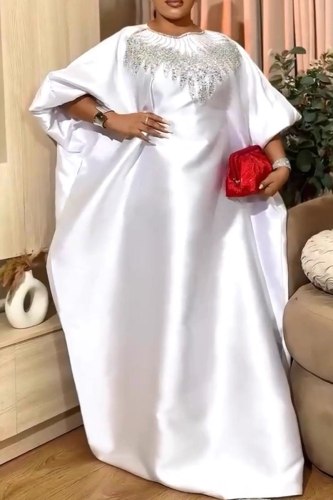 Rhinestone Round Neck Loose Dress Satin Batwing Sleeve Elegant Evening Maxi Dress