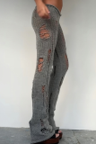 Distressed Knit Pants Flared Leg Edgy Street Style Casual Trousers