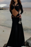 Hollow Out V Neck Two Piece Set Long Sleeve Top Slim Fit Maxi Skirt Sexy Vacation Outfit