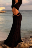 Hollow Out V Neck Two Piece Set Long Sleeve Top Slim Fit Maxi Skirt Sexy Vacation Outfit