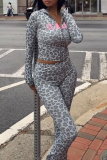 Casual Leopard Print Camouflage Print Zipper Hooded Long Sleeve Two Pieces