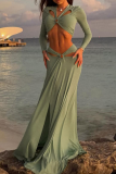 Hollow Out V Neck Two Piece Set Long Sleeve Top Slim Fit Maxi Skirt Sexy Vacation Outfit