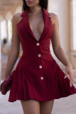 Blazer Collar Deep V Dress Single Breasted Waist Pleated Mini Elegant Office Dress