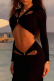 Hollow Out V Neck Two Piece Set Long Sleeve Top Slim Fit Maxi Skirt Sexy Vacation Outfit