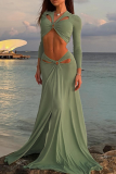 Hollow Out V Neck Two Piece Set Long Sleeve Top Slim Fit Maxi Skirt Sexy Vacation Outfit