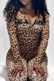 Casual Leopard Print Camouflage Print Zipper Hooded Long Sleeve Two Pieces