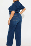 Short Sleeve Denim Jumpsuit Collared Waist Wide Leg Casual Fashion Workwear Romper