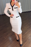 Puff Sleeve Contrast Waist Dress Ruffled Hem Elegant Office Midi Dress