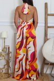 Printed Halter Plunge Jumpsuit Wide Belt Wide Leg Fashion Romper