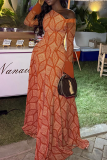 Geometric Print Off Shoulder Maxi Dress Flared Sleeve Bodycon Train Dress