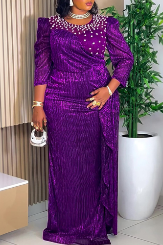 Plus Size Beaded Puff Sleeve Maxi Dress Pleated Waist Bodycon Gown