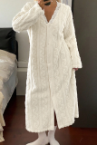 Cable Knit Long Nightgown Lace V-Neck Cardigan Cozy Warm Loungewear Robe