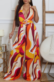 Printed Halter Plunge Jumpsuit Wide Belt Wide Leg Fashion Romper