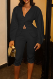 V-neck Waist Cinched Puff Sleeve Top Capri Leggings Stylish Two-piece Set