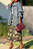 Casual Solid Color Buckle Turndown Collar Long Sleeve Loose Denim Jacket