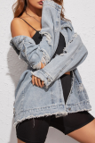 Distressed Denim Jacket Loose Collar Casual Outerwear