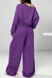 Off-shoulder Cropped Sweatshirt Drawstring Wide-leg Pants Casual Stylish Two-piece Set
