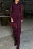 Long-sleeve Slim Dress Ruched Wrap Design Elegant Maxi Gown