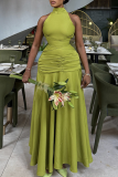 Elegant Solid Color Ruched Turtleneck Long Dresses
