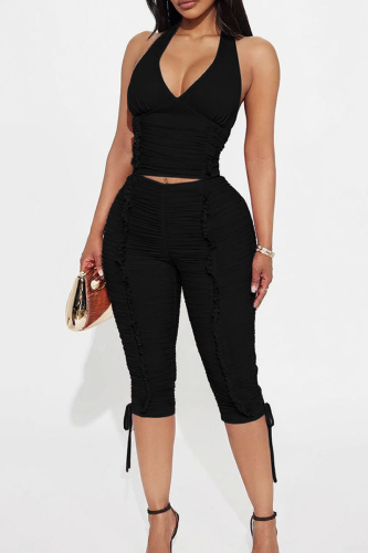Halter V-neck Ruched Top Drawstring Capri Pants Stylish Two-piece