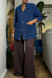 Stand Collar Multi-pocket Denim Coat Mid-length Button-front Jacket