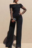 Casual Solid Color Pearls Decor Off Shoulder Bodycon Jumpsuits