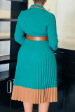 Blazer Collar Contrast Pleated Dress Belted Long-sleeve Gown