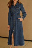Casual Solid Color Buckle Turndown Collar Long Sleeve Bodycon Denim Dresses
