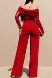 Casual Solid Color Pearls Decor Off Shoulder Bodycon Jumpsuits