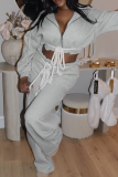 Hooded Cropped Top Rope Accent Wide-leg Pants Casual Two-piece