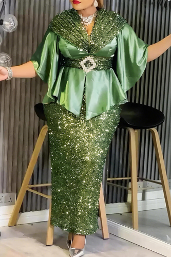 Sequin Cape Belted Dress Slit Slim Formal Maxi Gown
