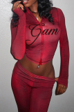Hooded Zipper Printed Two-Piece Sheer Bodycon Set