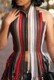 Color-Block Zipper Striped Halter Top Edgy Cutout Corset Blouse