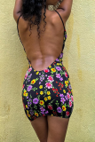 Black Multi-Color Floral Spaghetti Strap Mini Dress Vacation Bodycon Gown