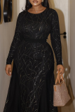 Textured Accent Long-Sleeve Waist-Fit Midi Dress Elegant Party Bodycon Gown