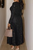Textured Accent Long-Sleeve Waist-Fit Midi Dress Elegant Party Bodycon Gown