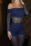Navy Sheer Off-Shoulder Jumpsuit Sexy Chain-Accent Wide-Leg Outfit