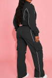 Stripe-Accent Cropped Jacket & Cargo Pants Two-Piece Set Casual Edgy Outfit
