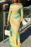 Rainbow Gradient Off-Shoulder Bodycon Maxi Dress Vacation Style Gown