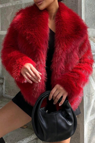 Faux Fur Jacket Short Length Lapel Collar Casual Warm Outerwear